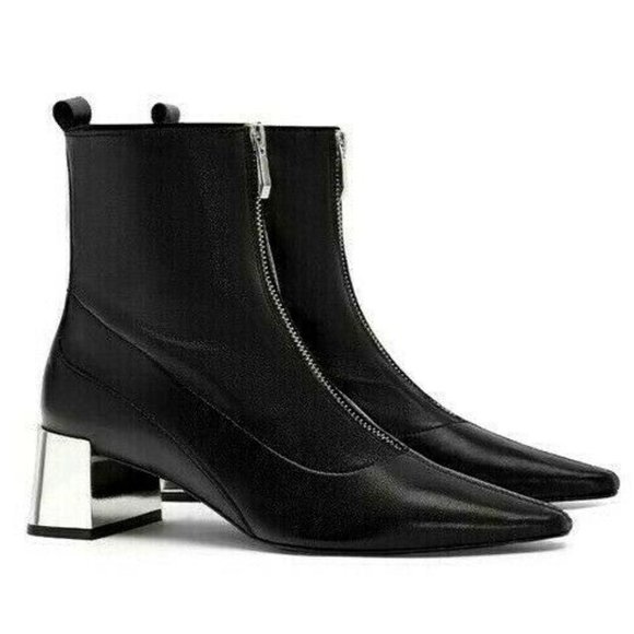 Zara Shoes - ZARA Block Heel Black Leather Sock Ankle Boots